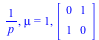 `/`(1, `*`(p)), mu = 1, array( 1 .. 2, 1 .. 2, [( 2, 1 ) = 1, ( 1, 2 ) = 1, ( 2, 2 ) = 0, ( 1, 1 ) = 0 ] )
